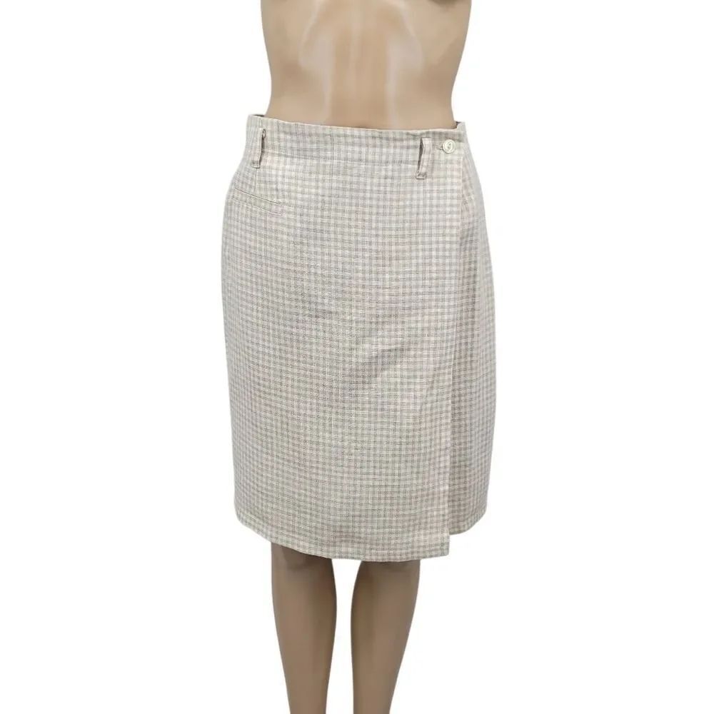 British Khaki Vintage Cream and Tan Check Plaid Linen Wrap Midi Skirt